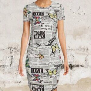 Short sleeve newspaper ruched knee length dress juniors